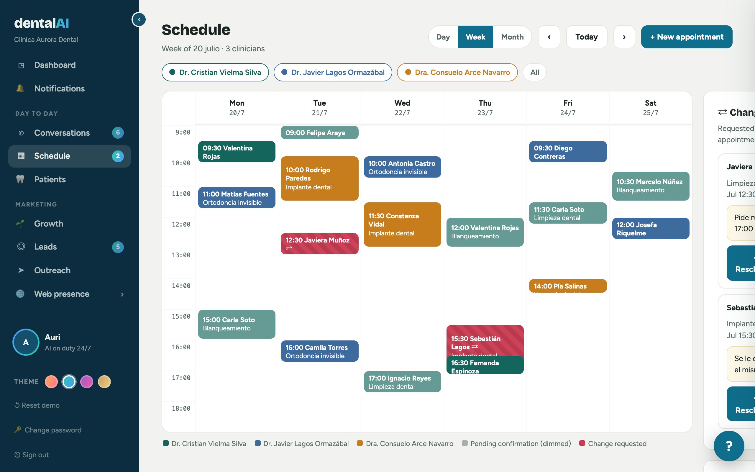 Real weekly Schedule screen with three providers' appointments