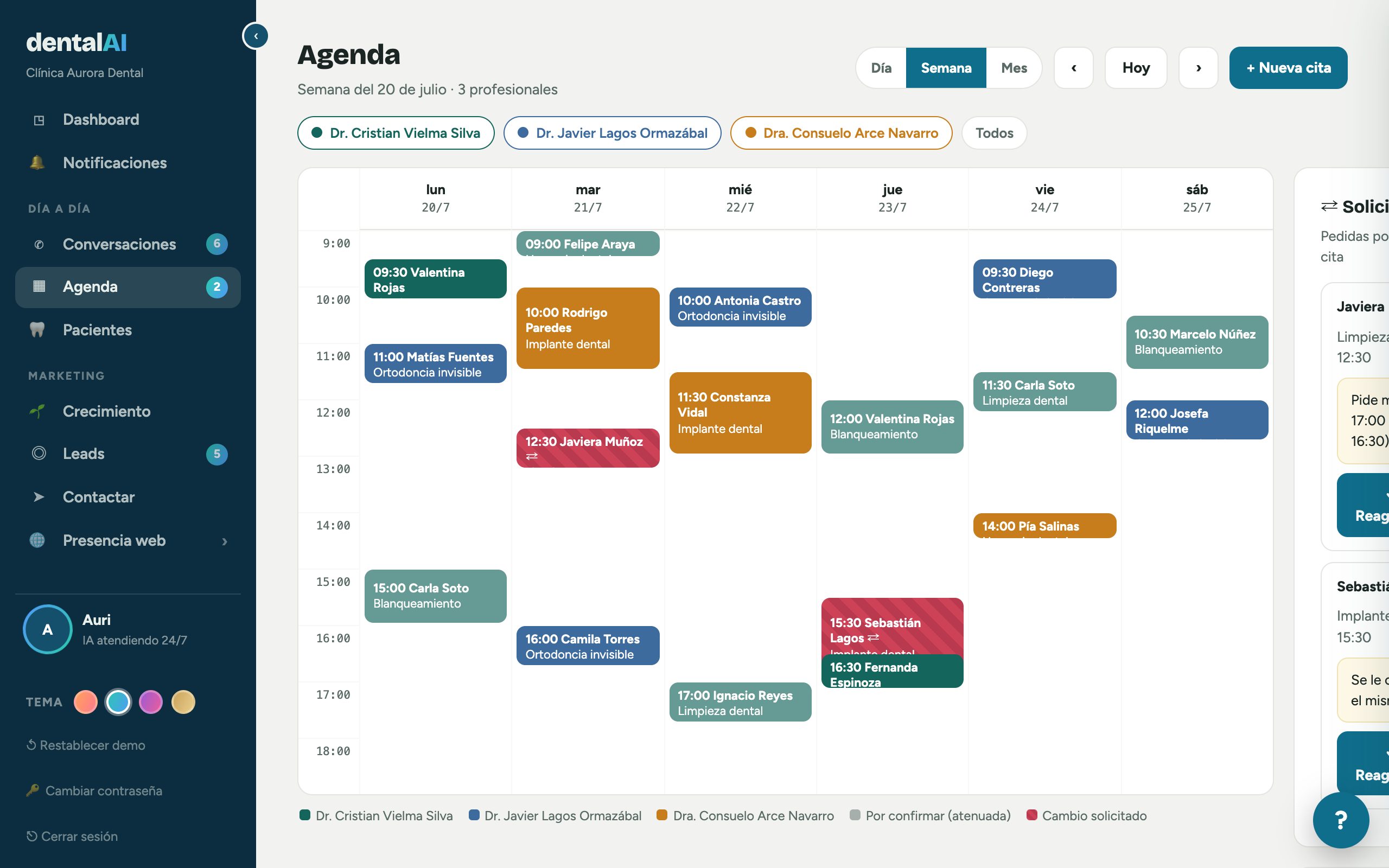 Pantalla real de la Agenda semanal con citas de tres profesionales