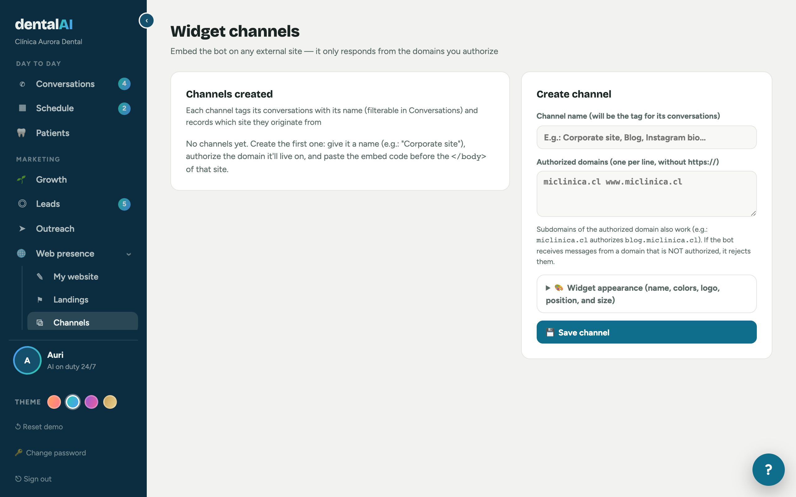 Real Channels screen: embeddable bot widget