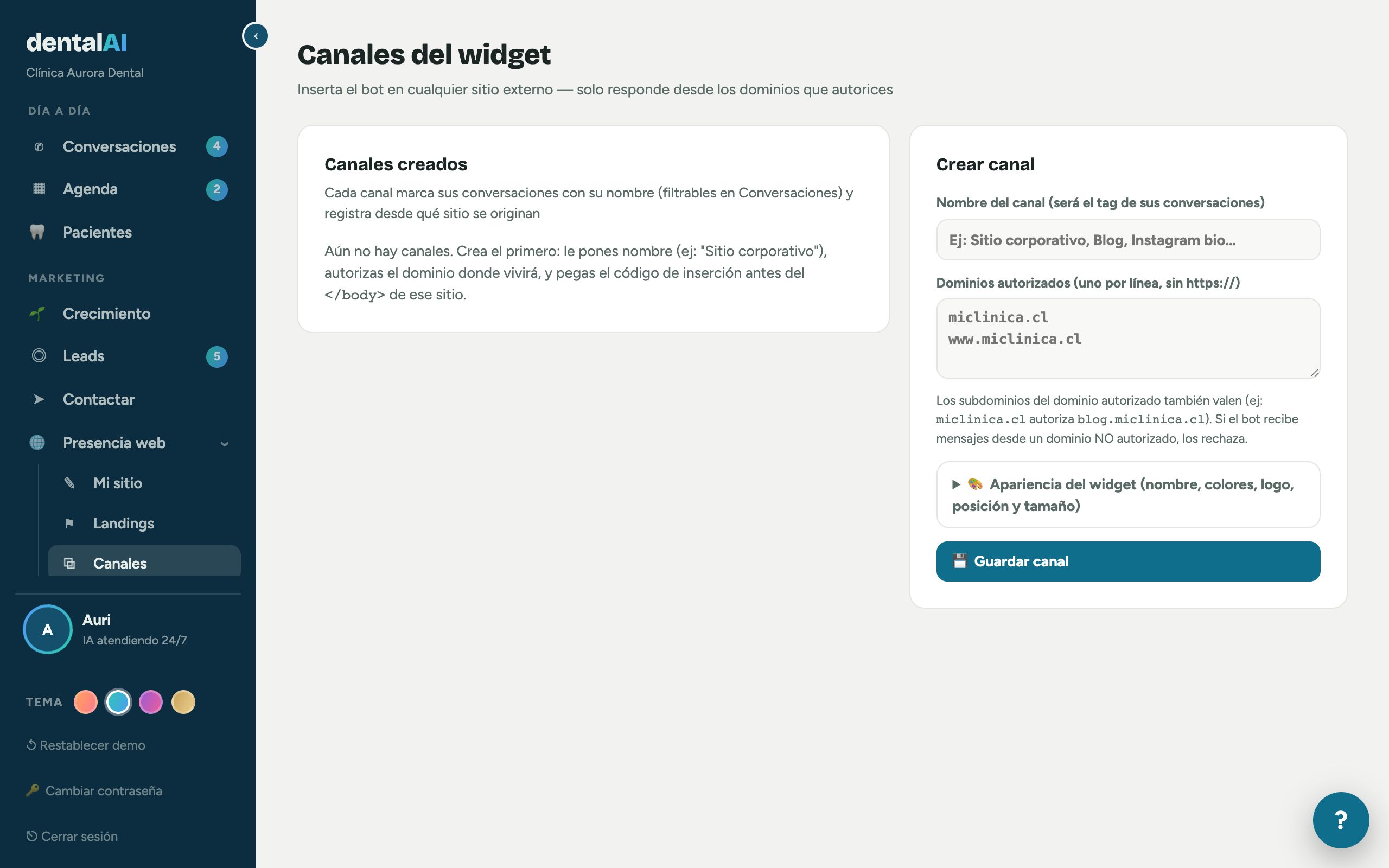 Pantalla real de Canales: widget embebible del bot