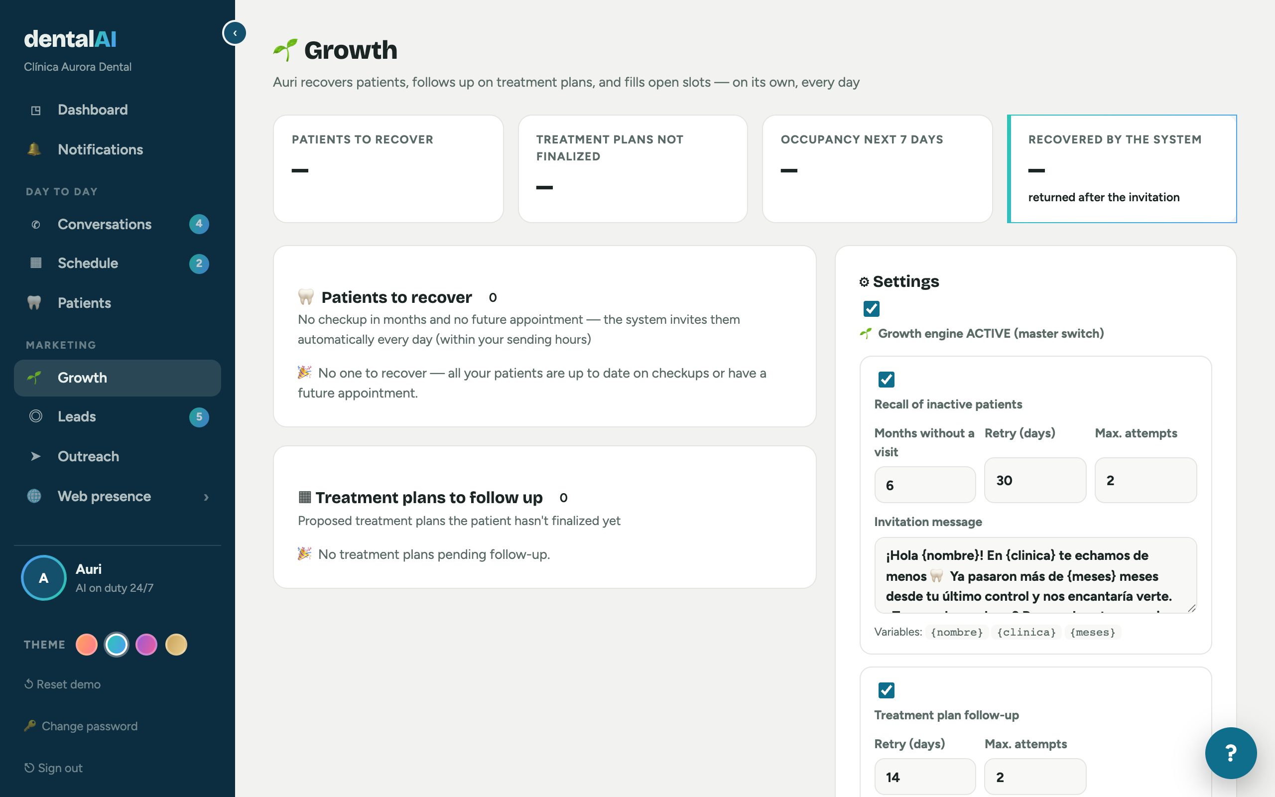 Real Growth plan screen with recall and follow-ups