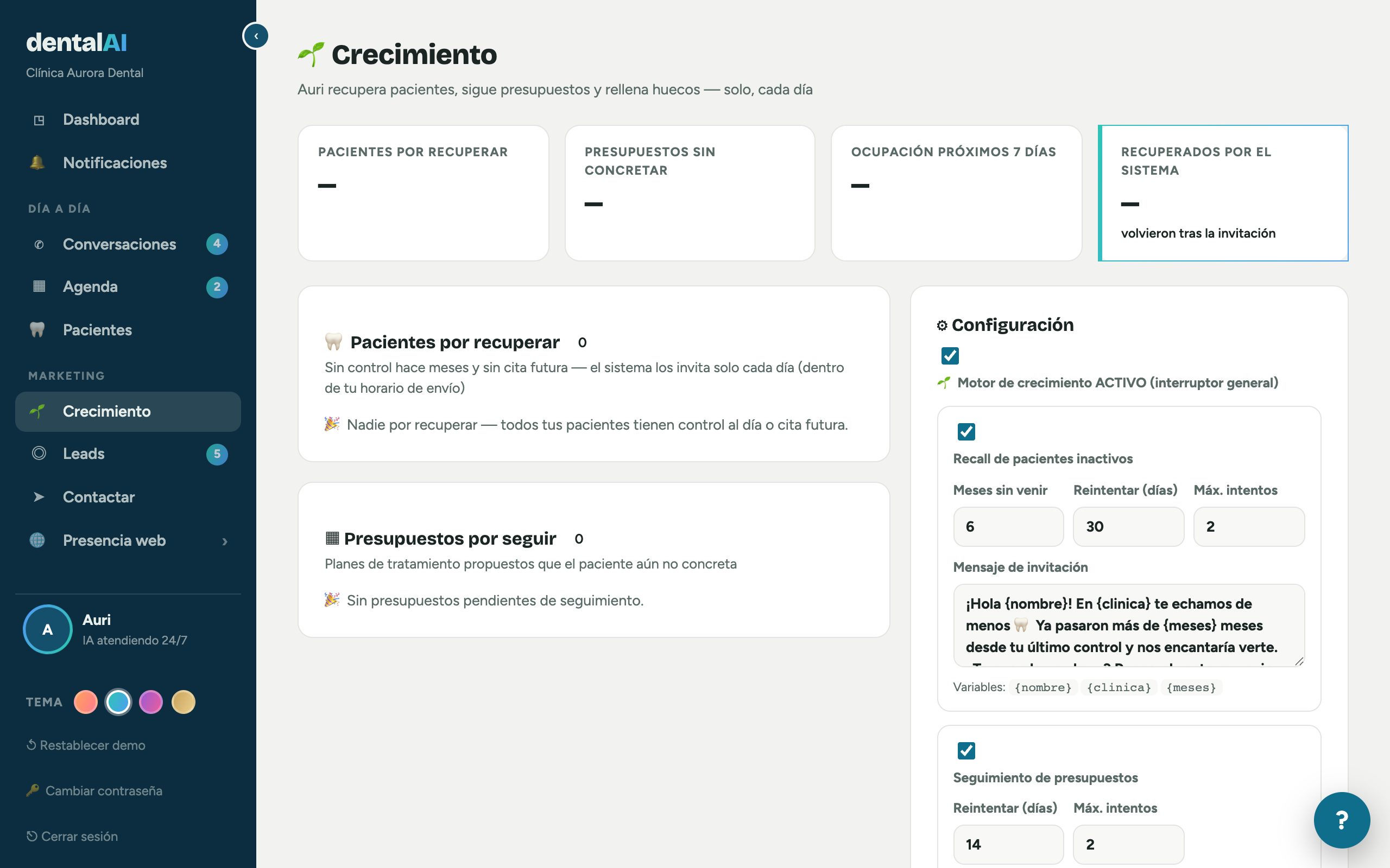 Pantalla real del Plan de crecimiento con recall y seguimientos