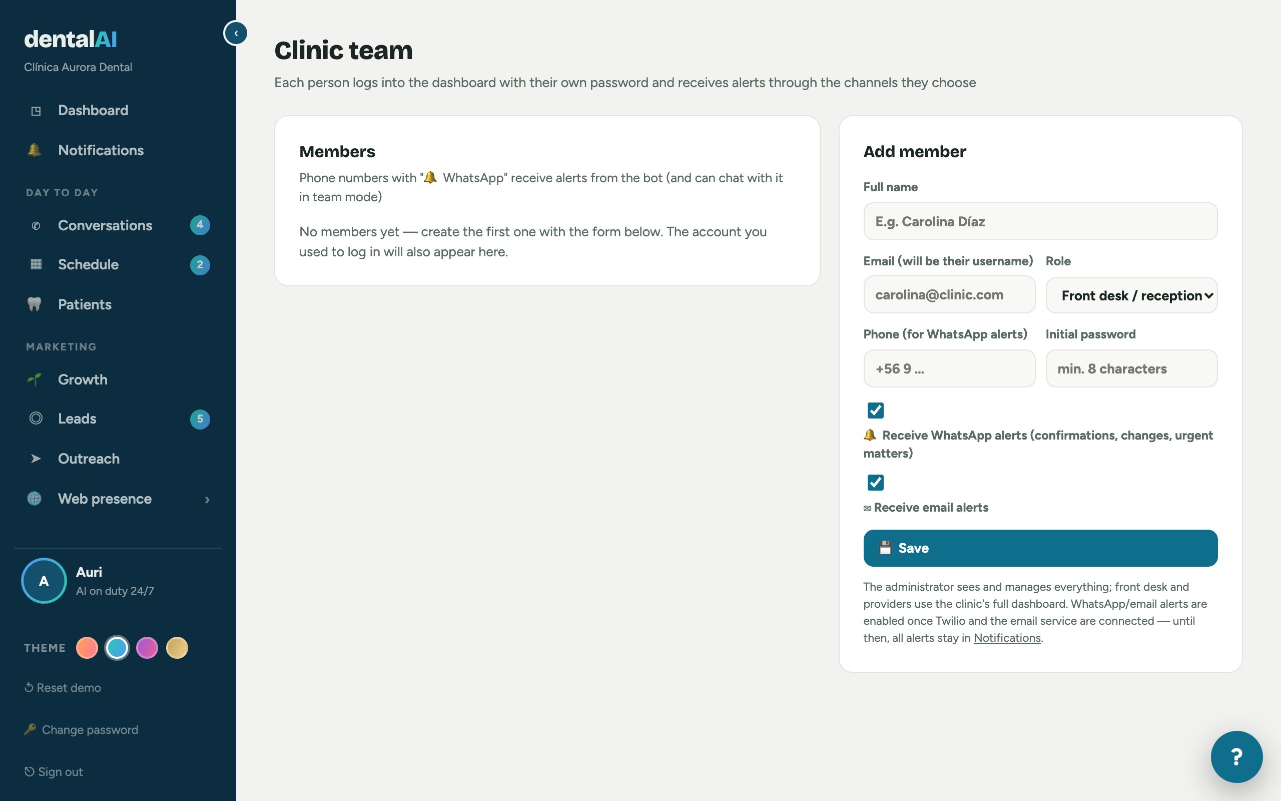 Real Team screen with roles and access