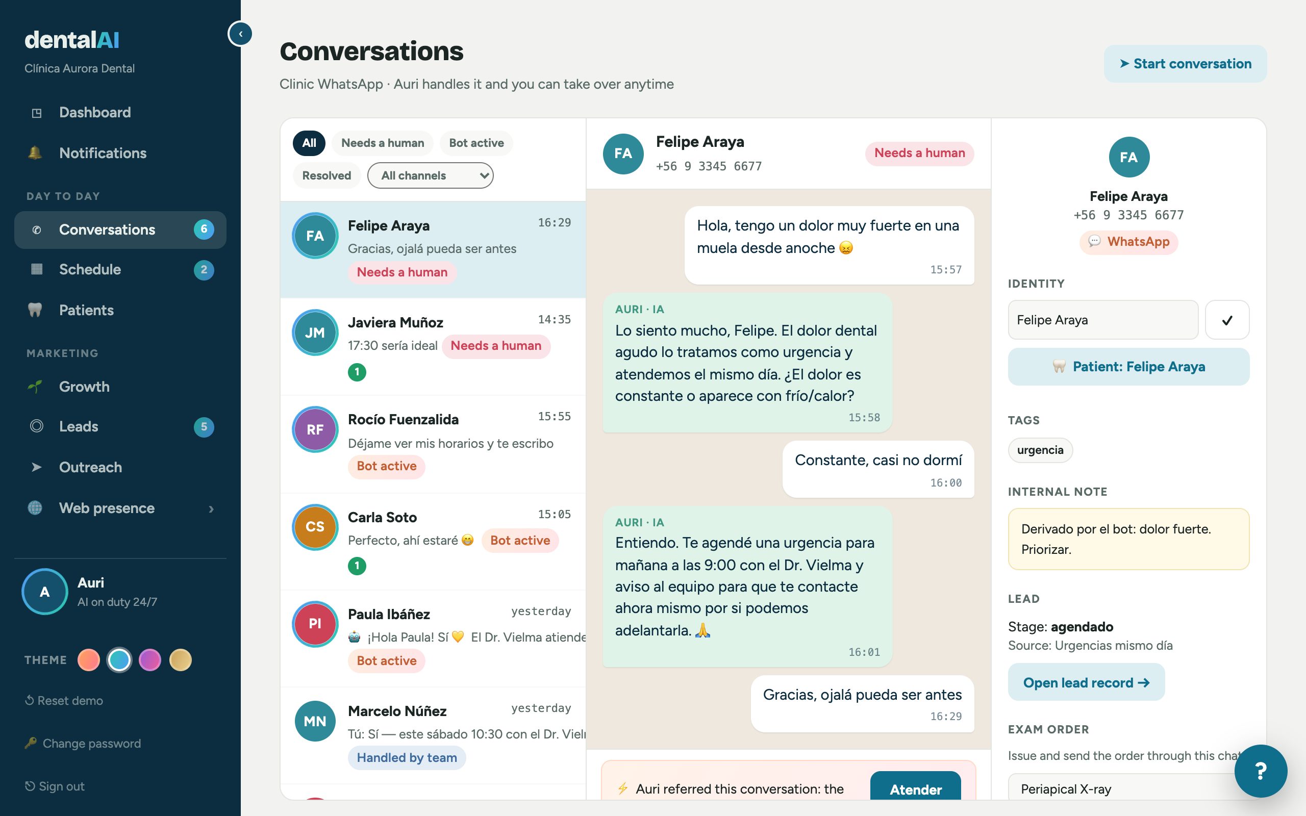 Real Conversations screen: Auri handles a WhatsApp urgency and hands it to the team