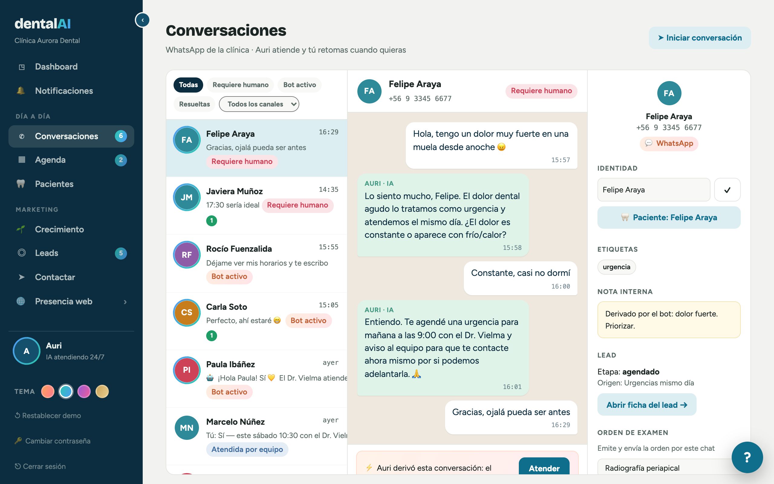 Pantalla real de Conversaciones: Auri atiende una urgencia por WhatsApp y la deriva al equipo