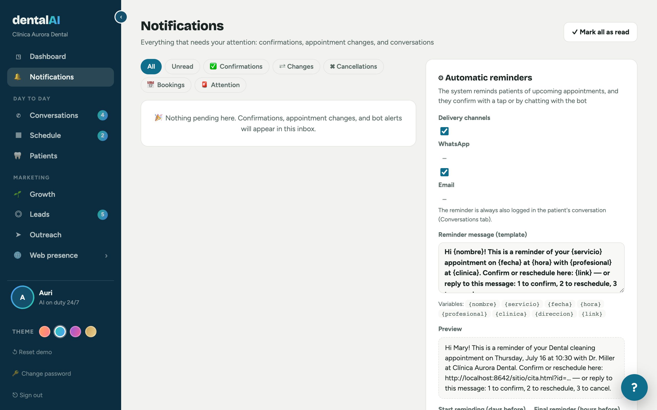 Real Notifications screen: confirmations and team alerts
