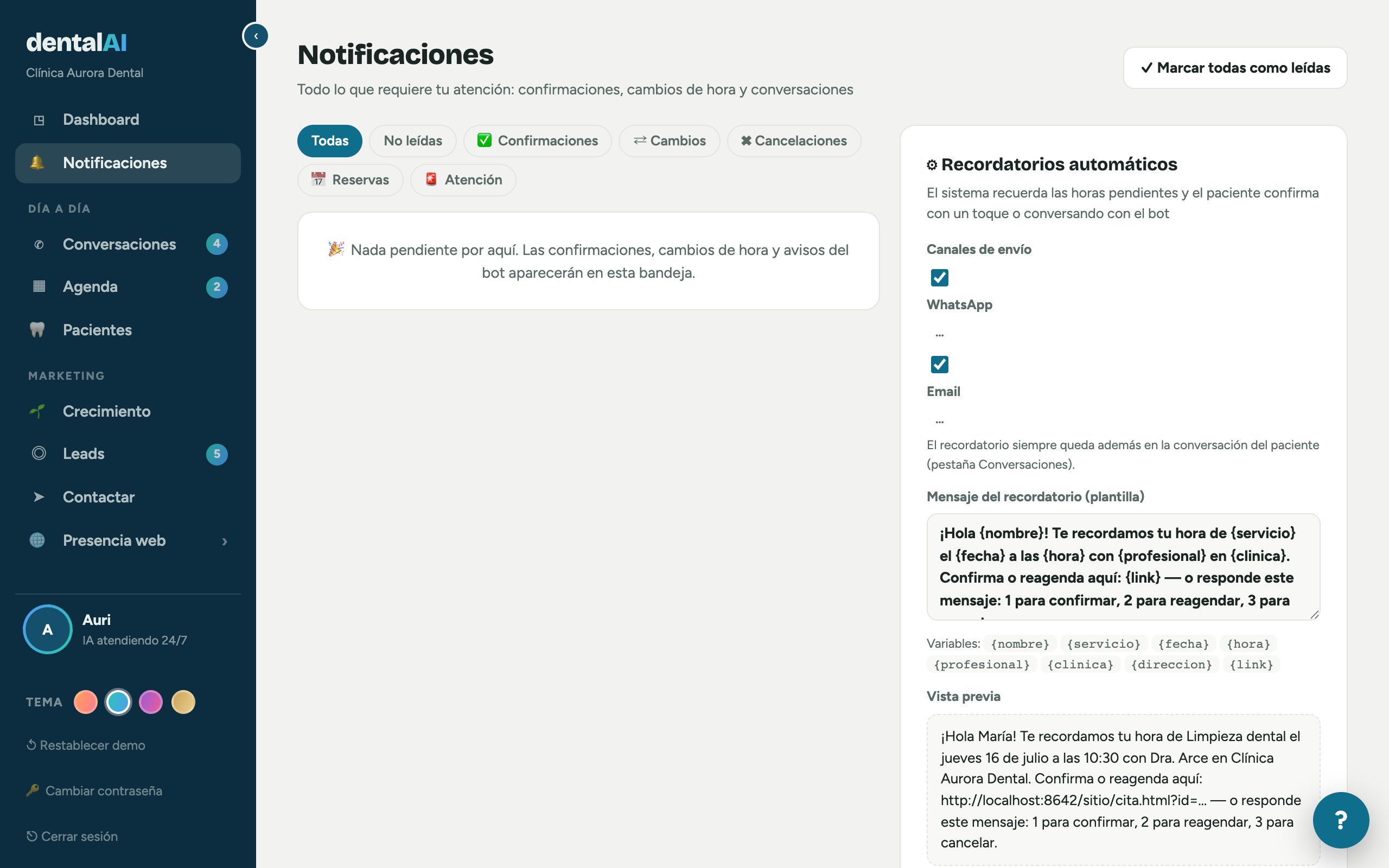 Pantalla real de Notificaciones: confirmaciones y avisos del equipo