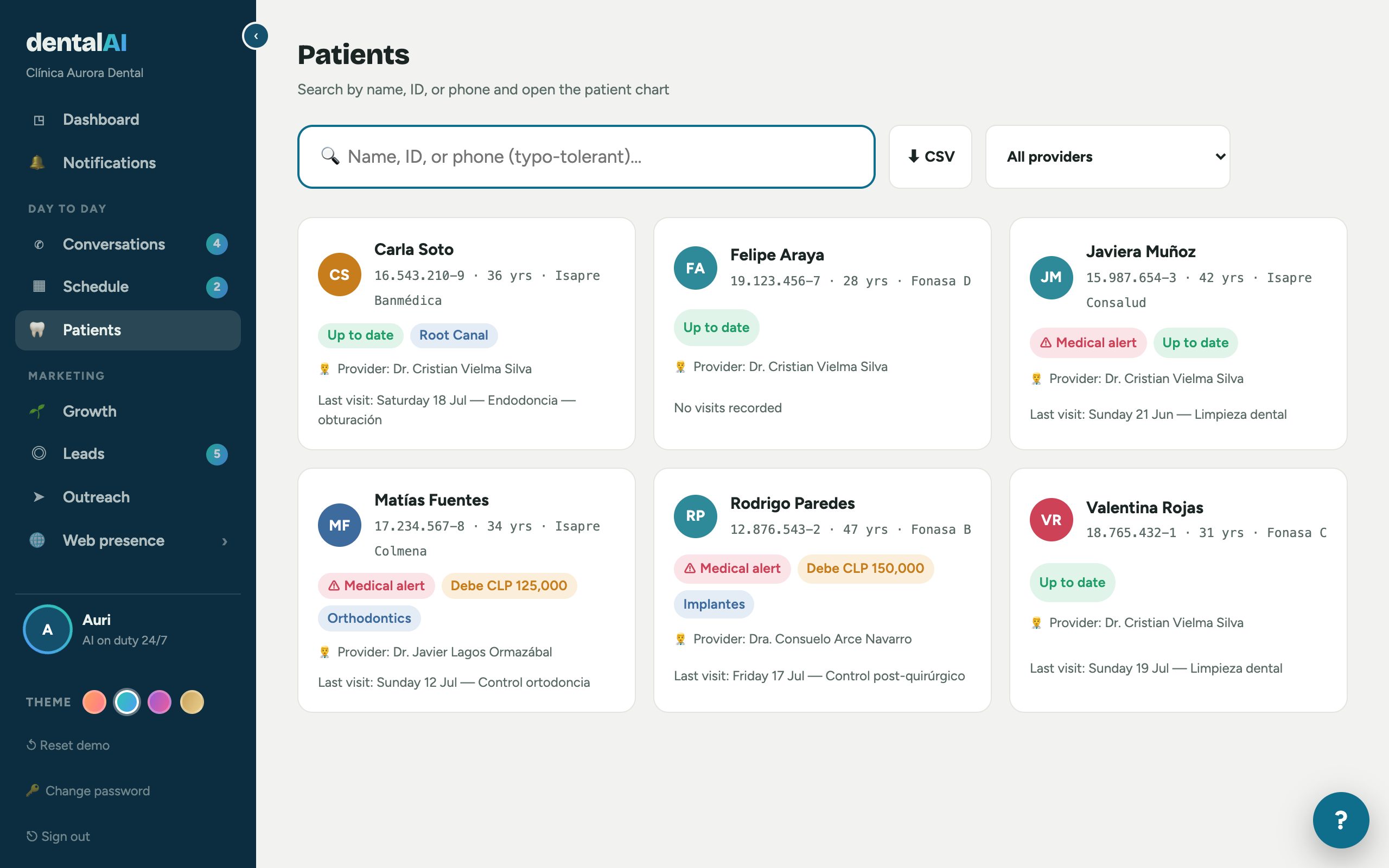 Real Patients screen with history and charts