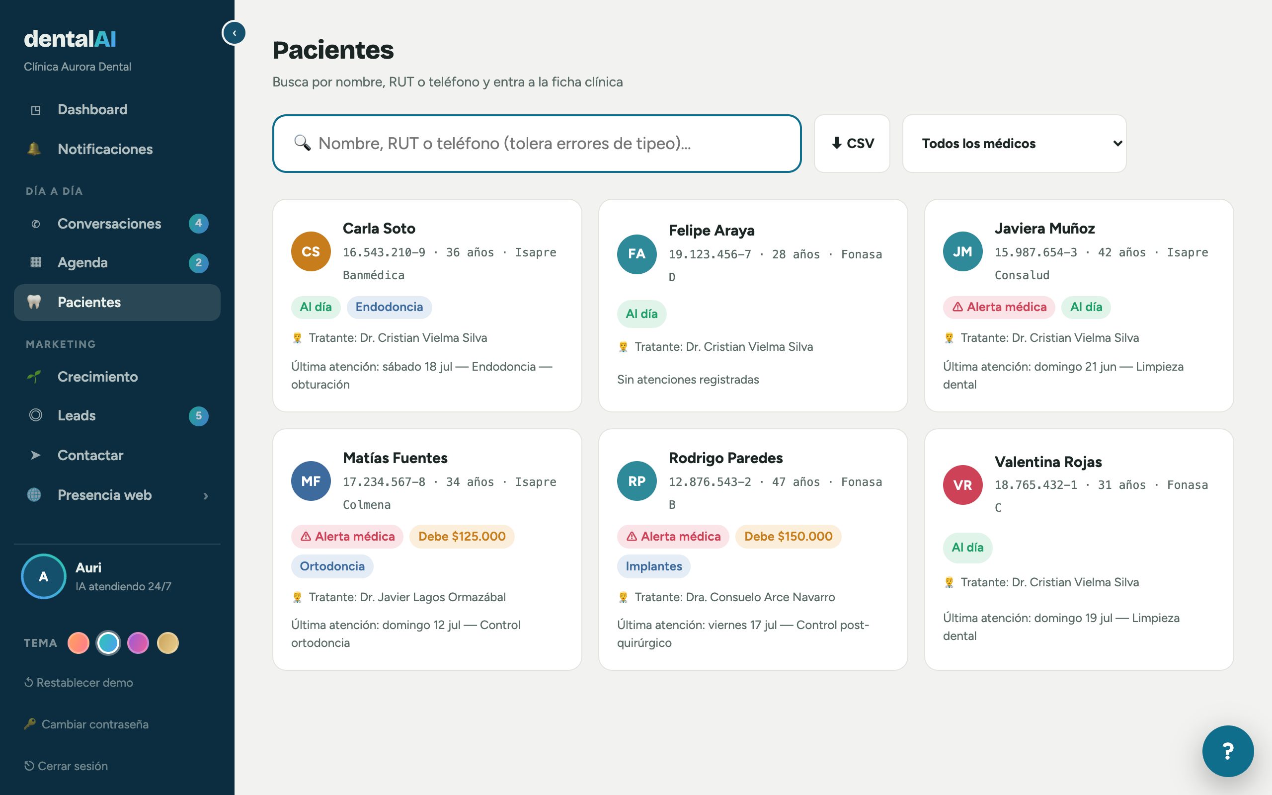 Pantalla real de Pacientes con historial y fichas