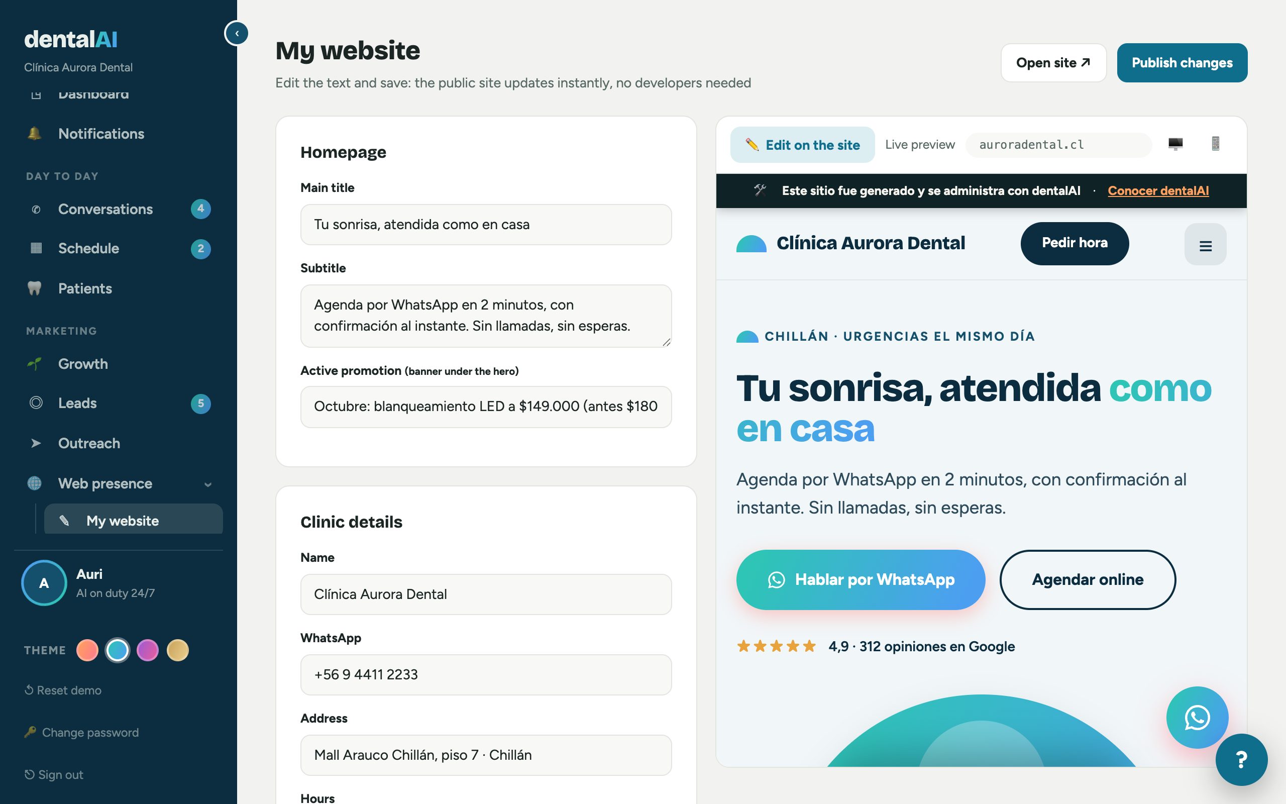 Real clinic site editor screen