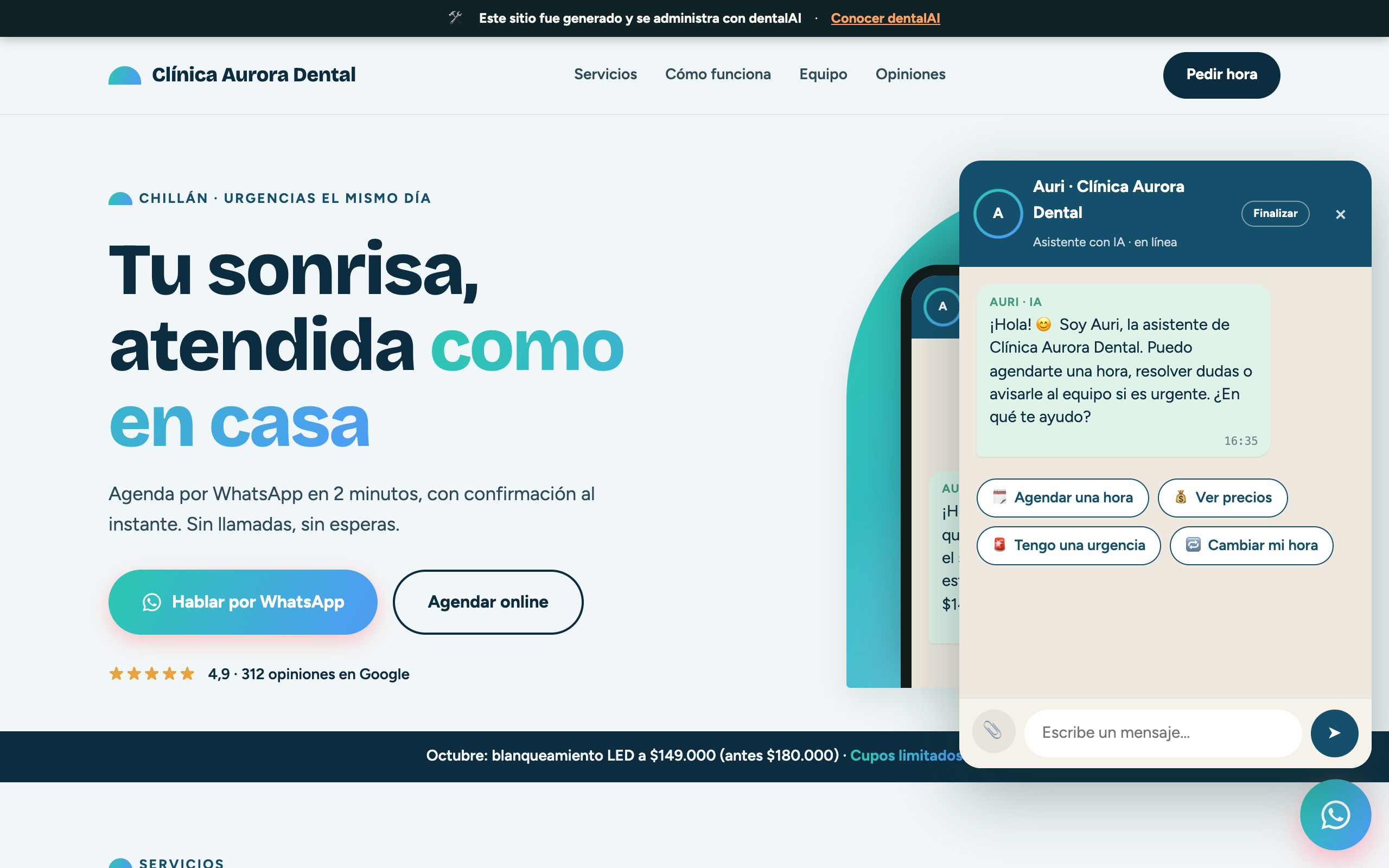 Sitio público real de la clínica de ejemplo generado con dentalAI